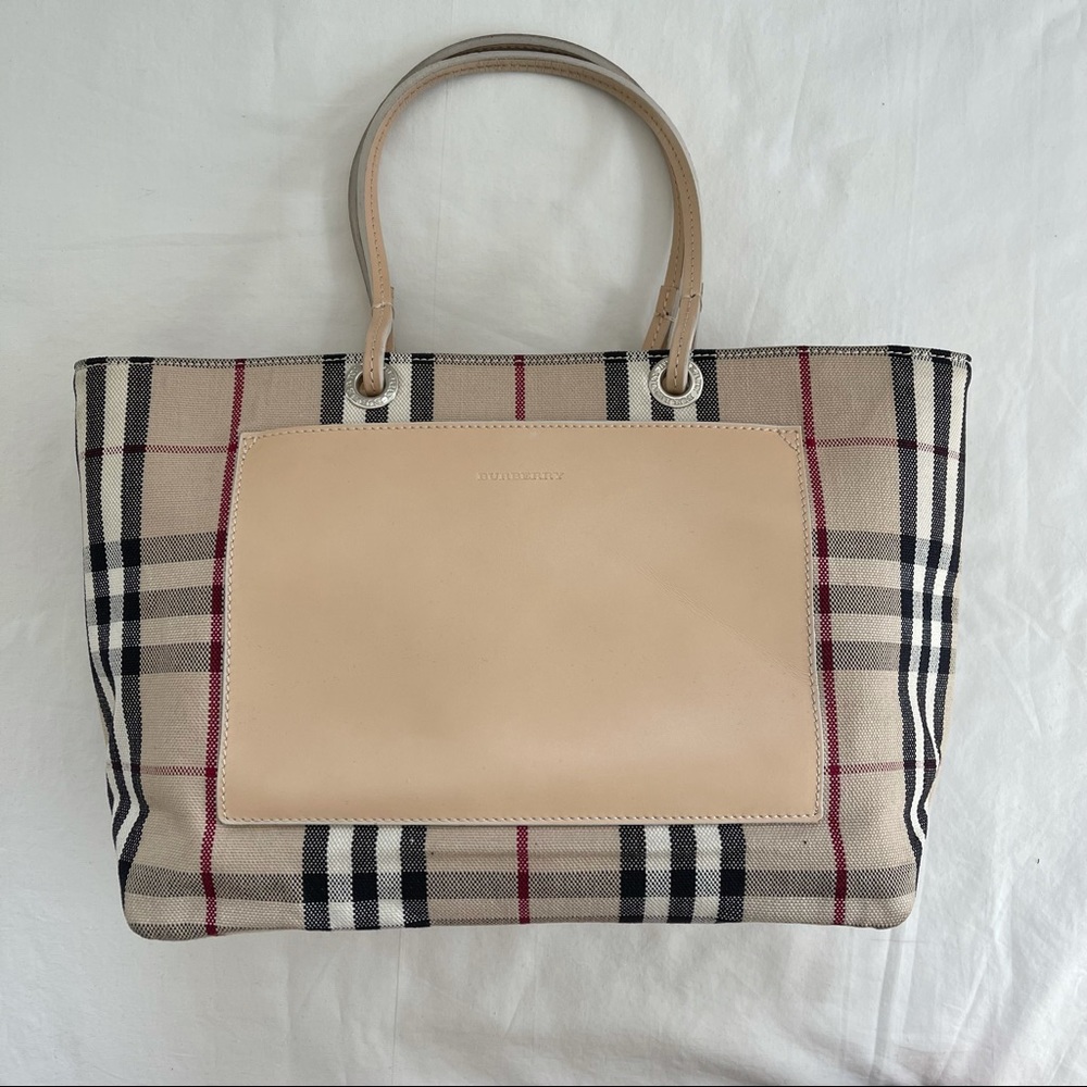 Authentic Burberry Canvas Tote Pocket Leather Handle